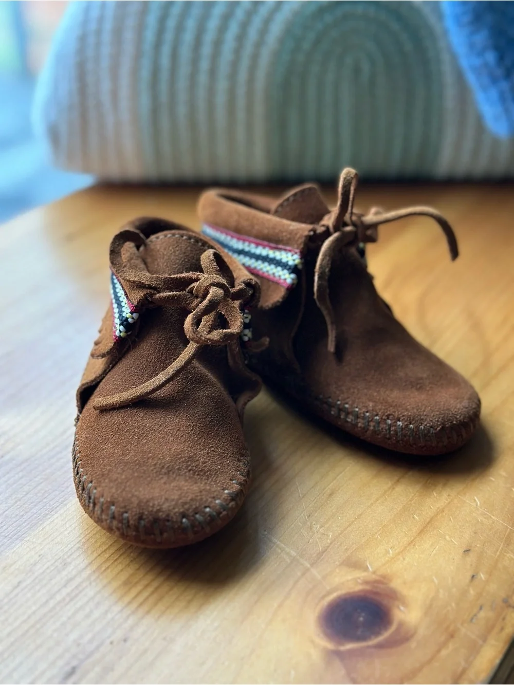 Minnetonka Brown Suede Kids Moccasins with Colorful Trim